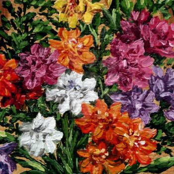 Picture, still-life, painting oil paints on a canvas, freesia flowers
