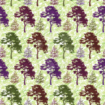 Seamless background, green summer forest with colorful pine and fir trees and abstract pattern. Vector
