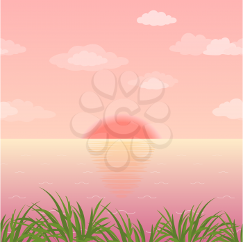 Landscape, sunrise on the sea, green grass and pink morning sky with sun and clouds. Eps10, contains transparencies. Vector
