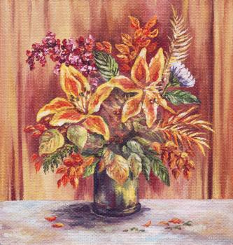 Picture Oil Painting on a Canvas, a Bouquet of Lilies