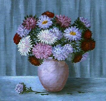 Flowers, bouquet of asters in a pot, picture oil paints on a canvas