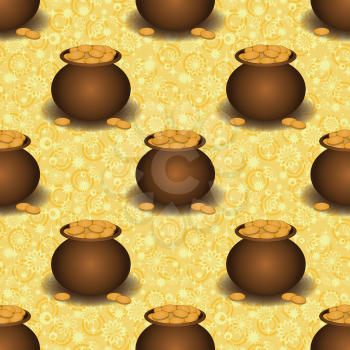 Seamless background, clay pots with gold coins and abstract pattern. Eps10, contains transparencies. Vector