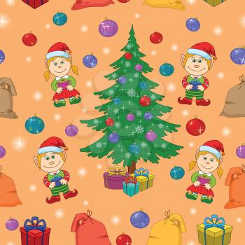 Seamless holiday Christmas background: cartoon girl and boy, fir tree, gifts, balls. Vector