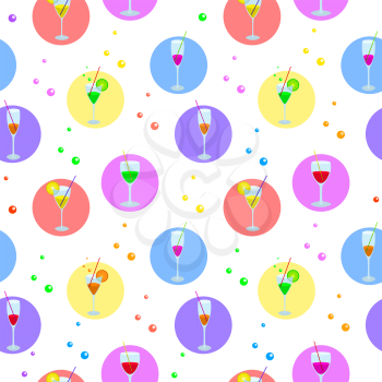 Seamless Background, Glasses with Various Colored Drinks, Circle and Bubbles. Vector
