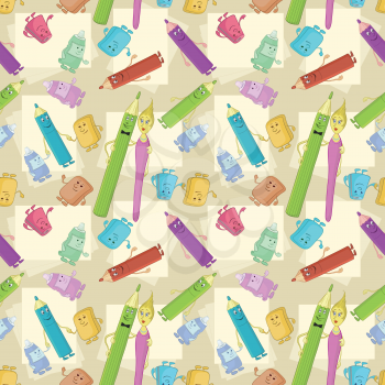 Seamless cartoon background, stationery family: pencils, brushes, tubes, erasers and pencil sharpeners. Vector