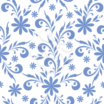 Seamless floral background, blue symbolical silhouette flowers on white. Vector