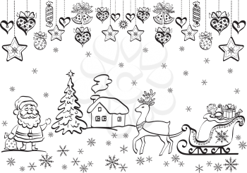 Christmas background with black contour cartoon Santa Claus and holiday decorations. Vector