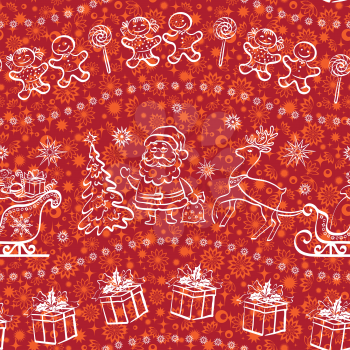 Christmas seamless pattern for holiday design, white contours on red background. Vector