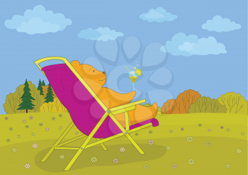 Cartoon teddy bear sitting in a chaise lounge and drinks a cocktail, looks at the beautiful autumn forest landscape. Vector