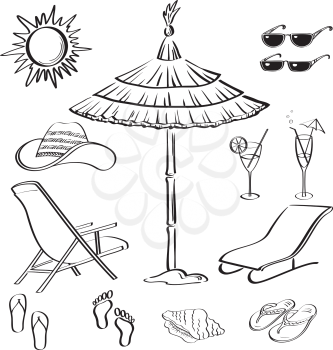 Set objects represent summer, exotic and a beach, black contour on white background. Vector