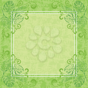 Abstract green floral background. Contour plants, frame and grunge pattern. Eps10, contains transparencies. Vector