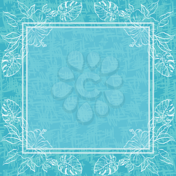 Abstract blue and white floral background. Contour flowers, frame and grunge pattern. Eps10, contains transparencies. Vector