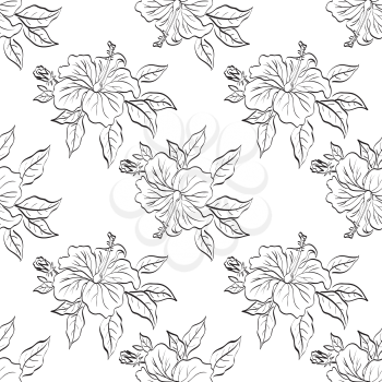 Seamless floral background, hibiscus flowers and leaves, black contour on white. Vector
