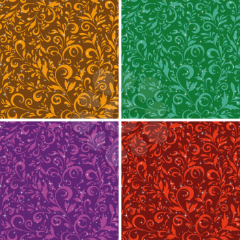 Set Seamless Floral Backgrounds, Patterns of Symbolical Silhouette Plants and Leaves. Vector