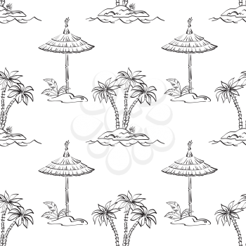 Seamless pattern, contours. Sea island with palm trees and canopy. Vector