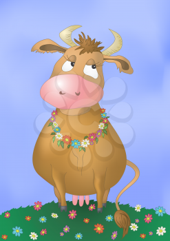 Cartoon pensive cow on a summer flowering meadow. Vector