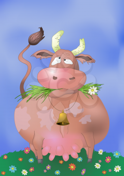 Cartoon thick cow on a summer flowering meadow. Vector