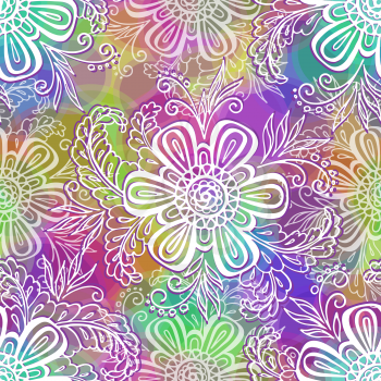 Seamless Background, Tile Contours Floral Pattern, Symbolic White Flowers and Leafs and Abstract Colorful Ornament with Rings. Eps10, Contains Transparencies. Vector
