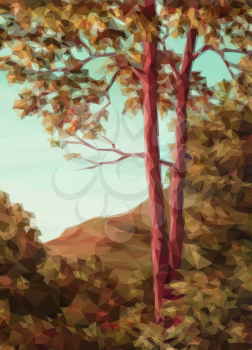 Landscape, Autumn Forest with Red Trees, Low Poly. Vector