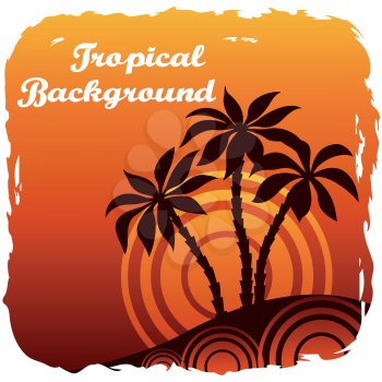 Exotic Landscape, Tropical Palm Trees Silhouettes and Sun - Rings on Orange Background. Vector
