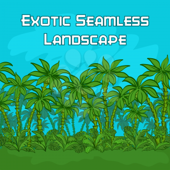 Seamless Horizontal Background, Exotic Landscape, Tropical Palm Trees, Plants and Blue Sky. Vector