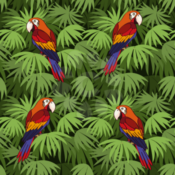 Seamless Pattern, Tropical Landscape, Colorful Parrots on Green Leaves Exotic Plants, Tile Background. Vector