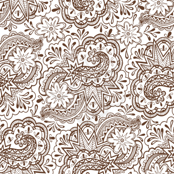 Seamless Abstract Pattern, Calligraphic Outline Figures and Elements, Brown Contours on Tile White Background. Vector