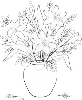 Bouquet of Lilies Flowers and Leaves in a Black Contours Isolated on White Background. Vector