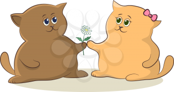 Cartoon Cat Boy Gives a Flower to a Cat Girl as a Sign of Love and Friendship. Vector