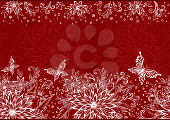 Horizontal Tile Floral Pattern, Symbolic White Flowers, Leafs and Butterflies Contours on Red Seamless Background. Vector