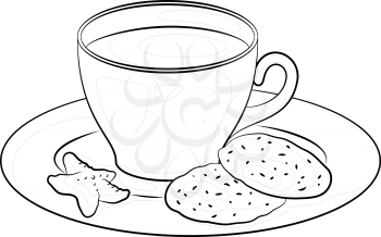 Cup with a Drink and Cookies on Saucers, Black Contours on White Background. Vector