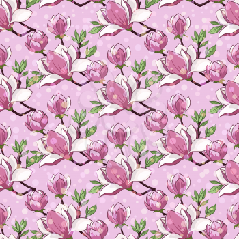 Seamless Background, Branch of a Spring Blossoming Magnolia Tree Flowers, Tile Pattern. Vector