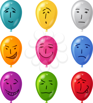Set of smilies, drawn on balloons with childs hand, symbolising various human emotions. Vector eps10, contains transparencies