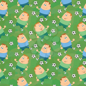 Seamless background with soccer sportsmans running with balls, cartoon characters on green abstract pattern. Vector