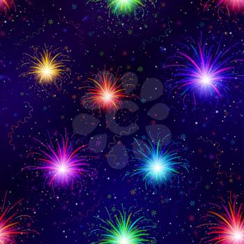 Firework background seamless of various colors on night sky. Pattern for holiday design. Vector eps10, contains transparencies