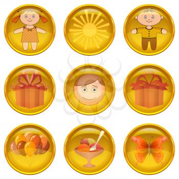 Set of round yellow icons buttons with childhood symbols, isolated on white background. Eps10, contains transparencies. Vector