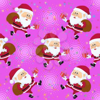 Christmas Seamless Illustration, Cartoon Santa Claus Walking with Bag and Gift Box on Abstract Pink Background with Stars and Patterns. Vector