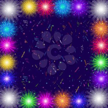 Holiday Background with Confetti, Streamers and Frame of Various Colorful Fireworks. Eps10, Contains Transparencies. Vector