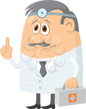 Doctor, cartoon character, man in uniform with first-aid kit and head mirror. Vector