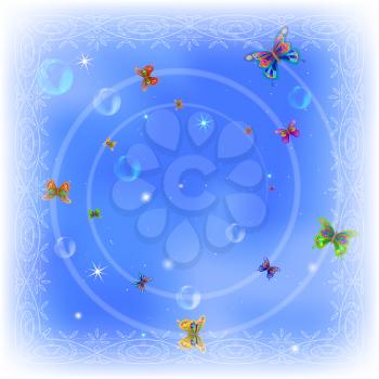 Holiday background, beautiful colorful butterflies, bubbles and stars on blue sky. Eps10, contains transparencies. Vector
