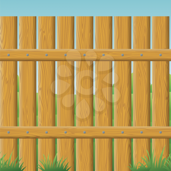 Natural wooden fence wall and landscape behind it, seamless background. Vector