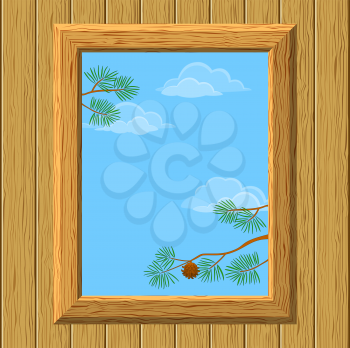 Background with wood wall and window with view of blue sky, clouds and pine branches. Vector
