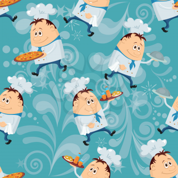 Seamless pattern with cooks with dishes, cartoon characters on blue abstract background. Eps10, contains transparencies. Vector