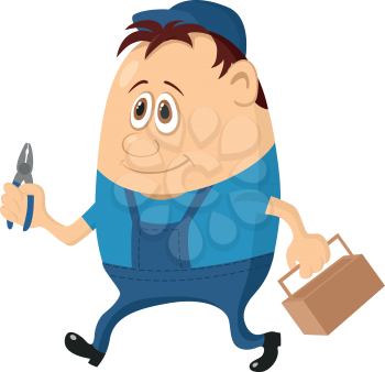 Worker, cartoon character, man in blue uniform and cap with pliers and toolbox. Vector