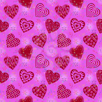 Valentine Holiday Seamless Pattern with Red Hearts on Pink Background with Colorful Stars and Streamers. Vector