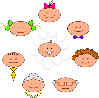 Cartoon character, people faces, family: grandmother, grandfather, mother, father, children. Vector