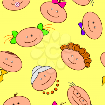 Seamless background. Faces cartoon people, family: grandmother, grandfather, mother, father and children. Vector