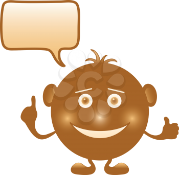 Round brown smilie smiling and pointing on cloud. Vector