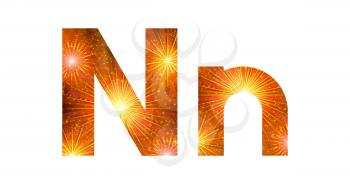 Set of English letters signs uppercase and lowercase N, stylized gold and orange holiday firework with stars and flares, elements for web design. Eps10, contains transparencies. Vector