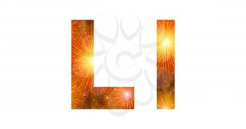 Set of English letters signs uppercase and lowercase L, stylized gold and orange holiday firework with stars and flares, elements for web design. Eps10, contains transparencies. Vector